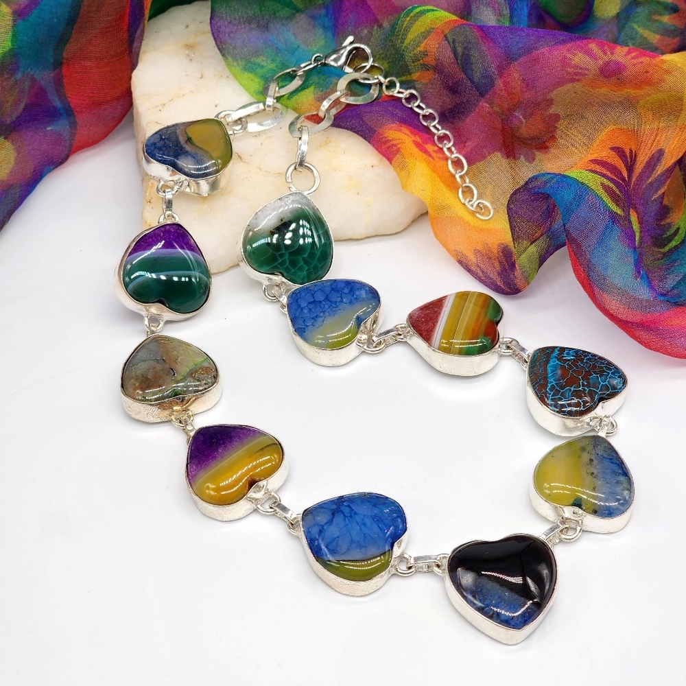 Vintage Jewelry Sterling Silver 925 Necklace Genuine Agate Stones Heart - Picture 9 of 15